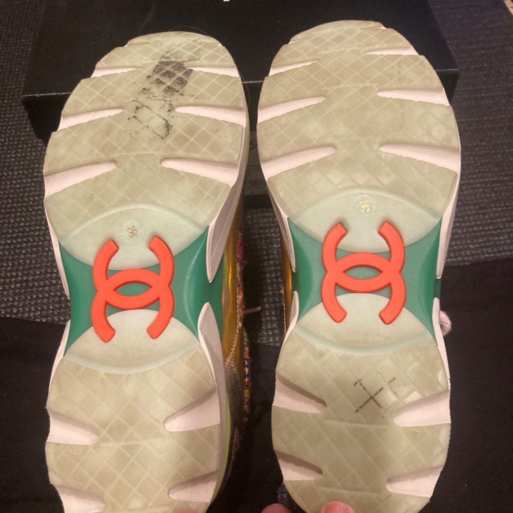 CHANEL Multicolor Tweed Trims Gold Authentic Runway Lace up Sneakers Size 36 - Picture 5 of 8